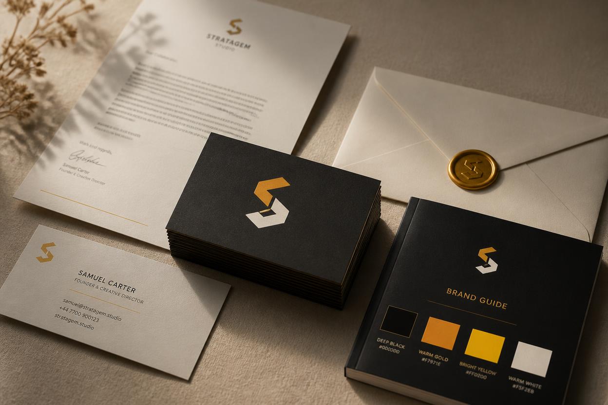 Suno Studio Rebrand — premium brand identity stationery flat lay