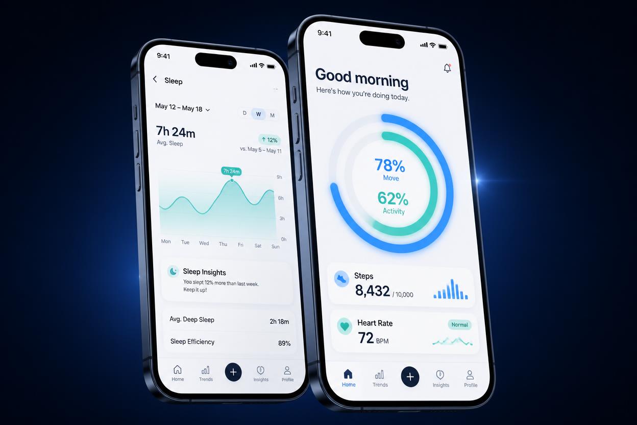 Lumi Health App — two iPhone mockups showing activity rings and sleep tracking