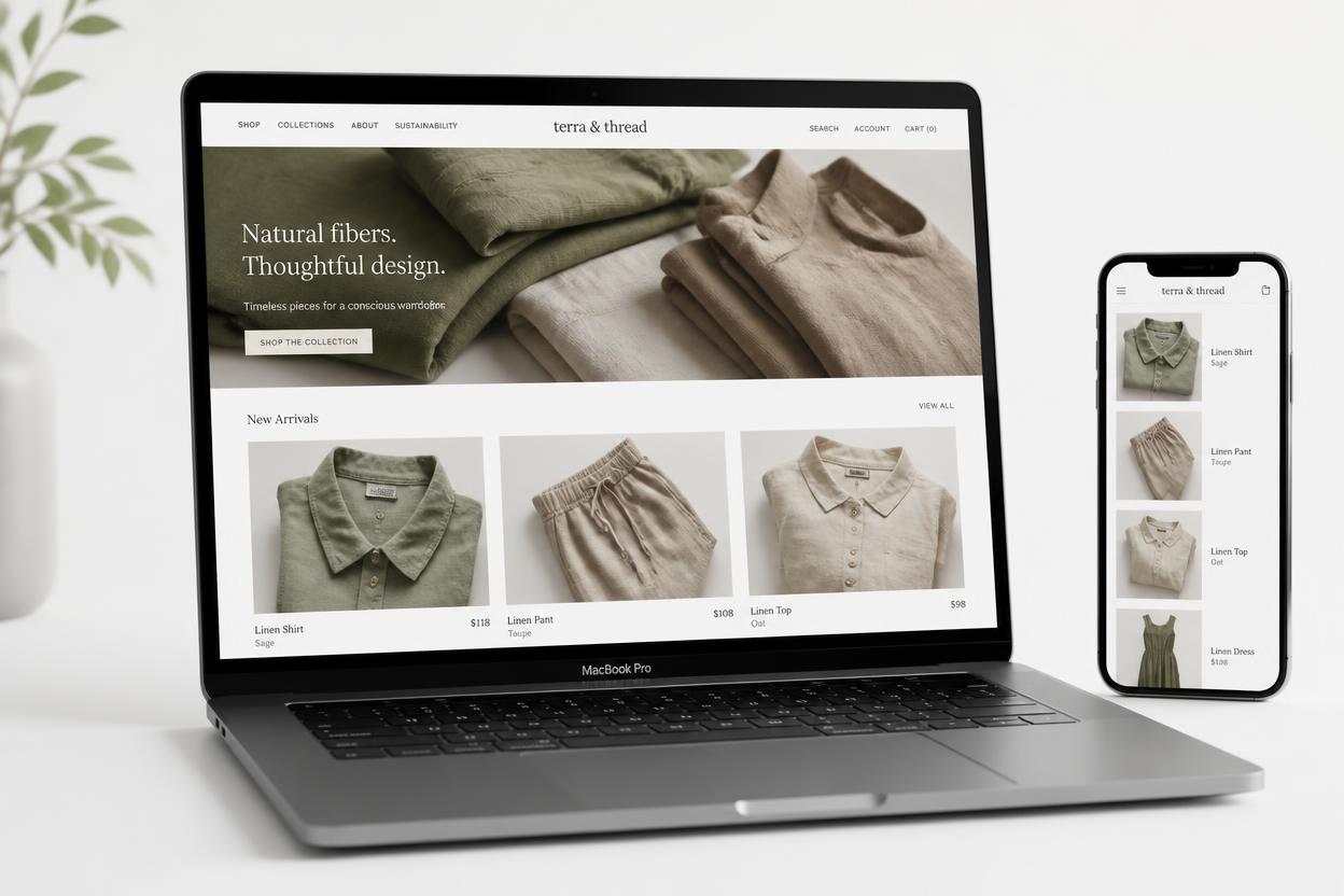 Verdant Shop Redesign — MacBook and iPhone showing eco-fashion e-commerce site