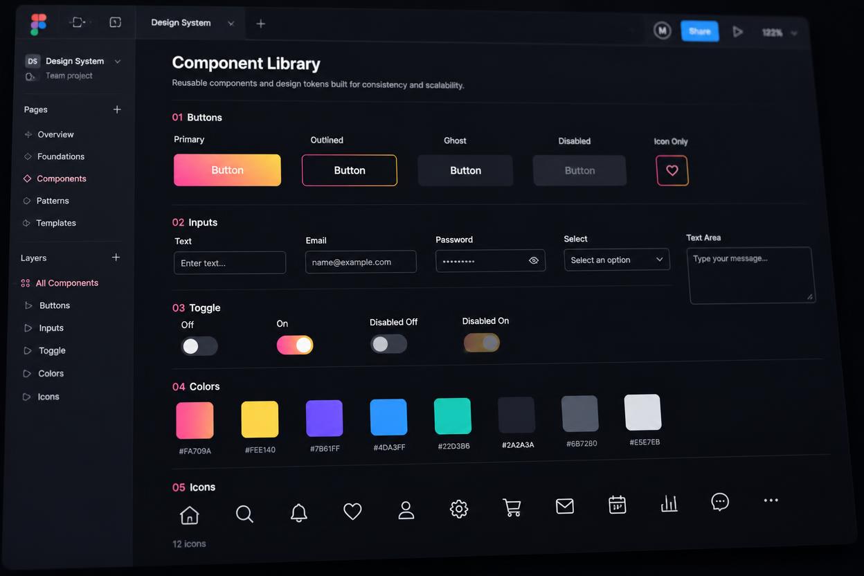 Nova Component Library — Figma design system with buttons, inputs, color tokens and icons